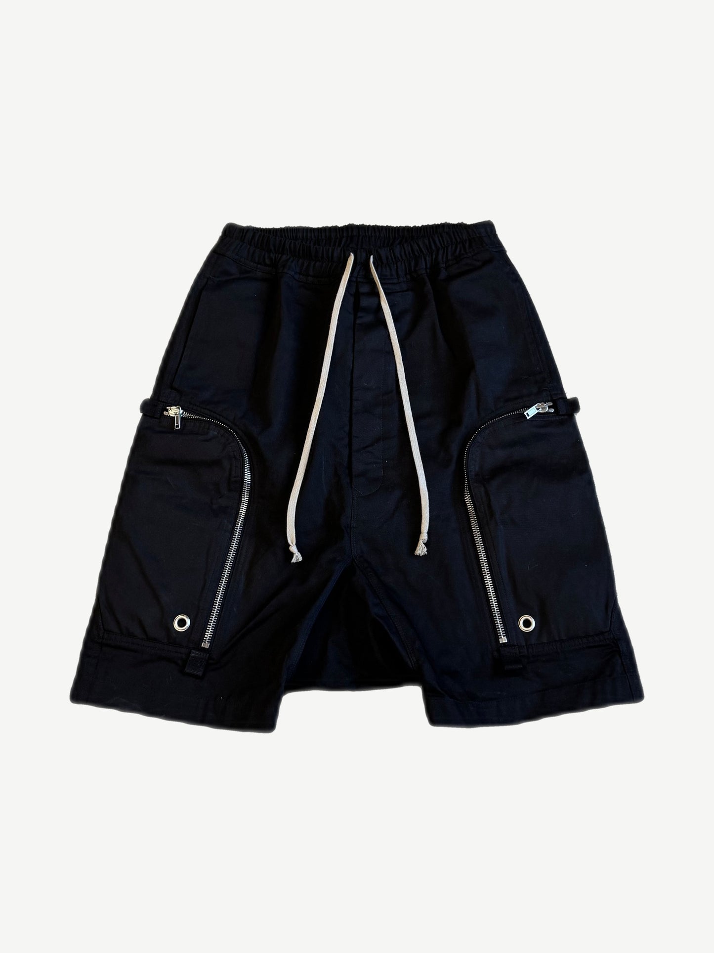 Rick Owens DRKSHDW black Bauhaus Pods shorts with side zip cargo pockets and drop crotch drawstring