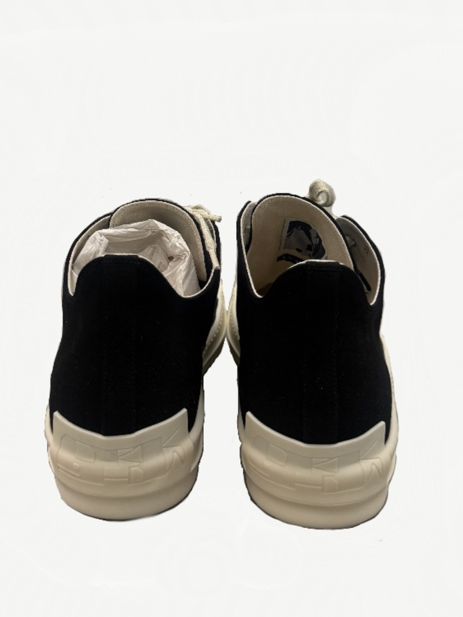Rick Owens DRKSHDW Concordians sneakers heel view showing black canvas upper and stacked cream rubber sole