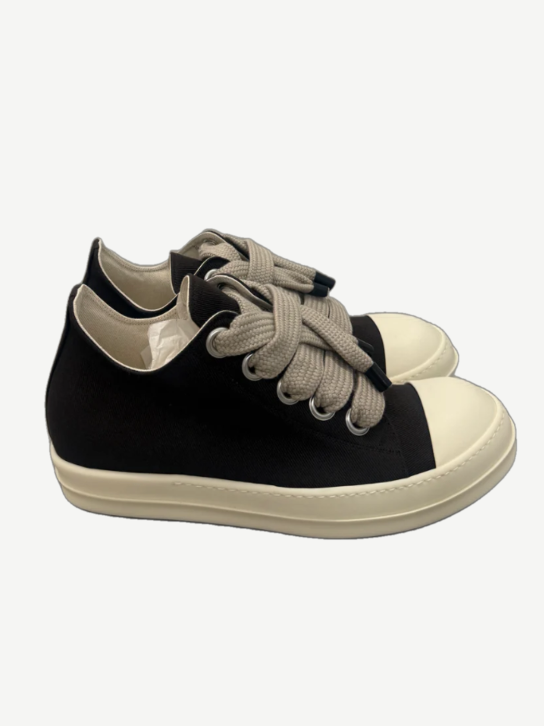 Rick Owens DRKSHDW black canvas low top sneakers with chunky milk cream rubber sole and oversized jumbo laces