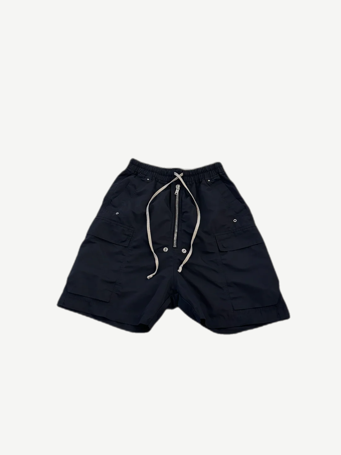 Rick Owens DRKSHDW Bela cargo shorts in navy black nylon with cream drawstring and side cargo pockets
