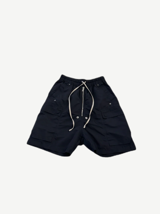 Rick Owens DRKSHDW Bela cargo shorts in navy black nylon with cream drawstring and side cargo pockets