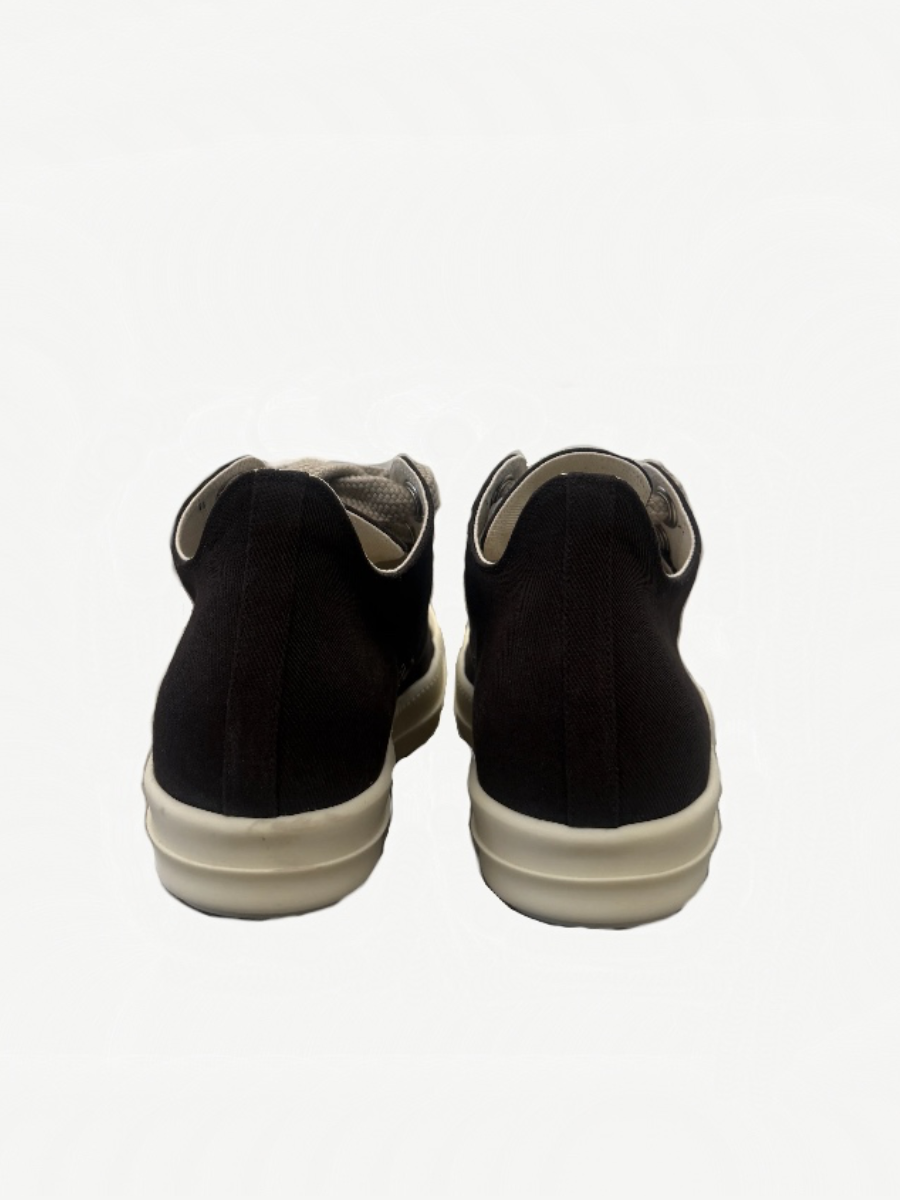 Rick Owens DRKSHDW jumbo lace sneakers top view showing exaggerated knotted laces in dark dust grey.