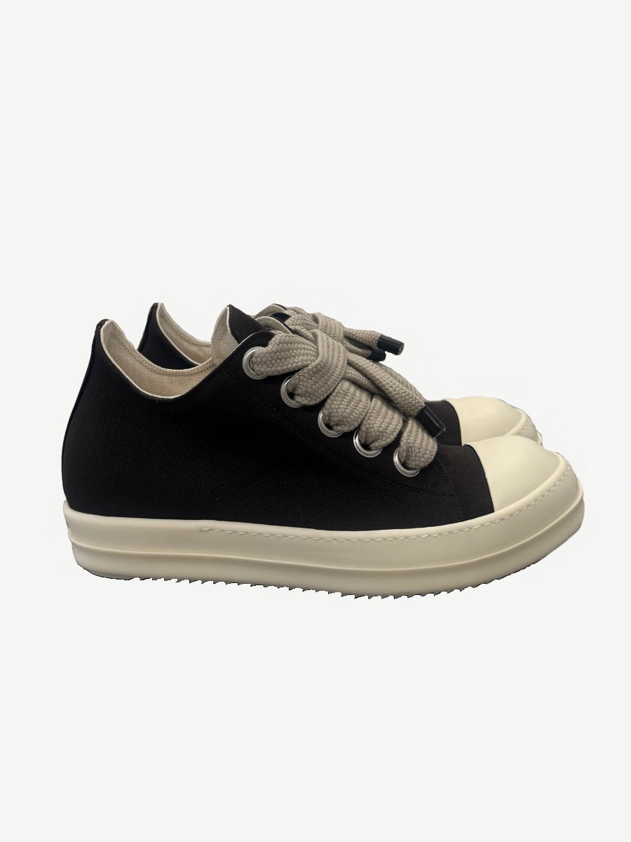 Rick Owens DRKSHDW Dark Dust jumbo lace sneakers, washed grey canvas high tops with oversized laces.