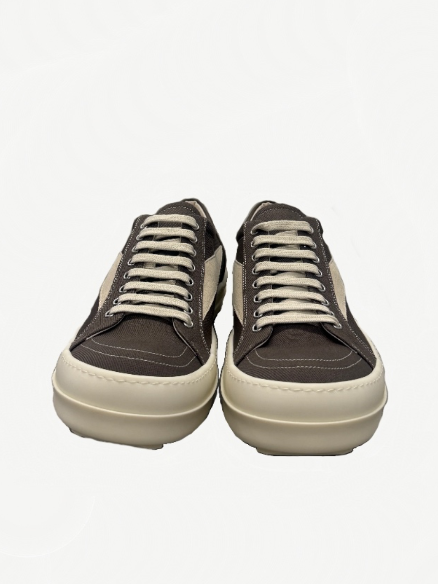 Rick Owens DRKSHDW Dark Dust sneakers top-down view of distressed washed canvas pair with tonal laces