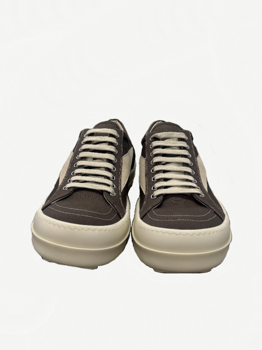 Rick Owens DRKSHDW Dark Dust sneakers top-down view of distressed washed canvas pair with tonal laces