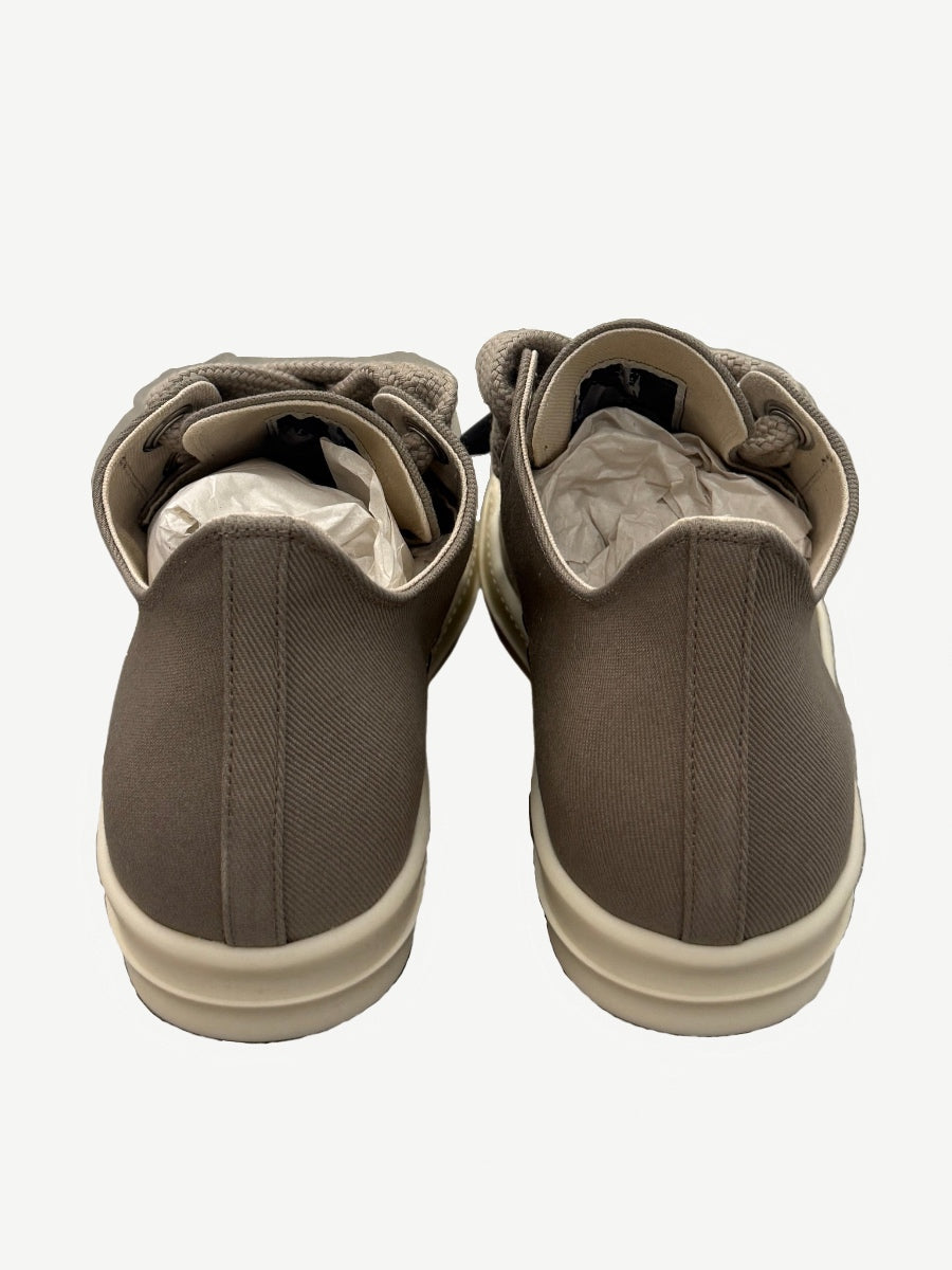 Rick Owens DRKSHDW Dirty Pearl low sneakers paired, jumbo lace detail and pearl-tone uppers