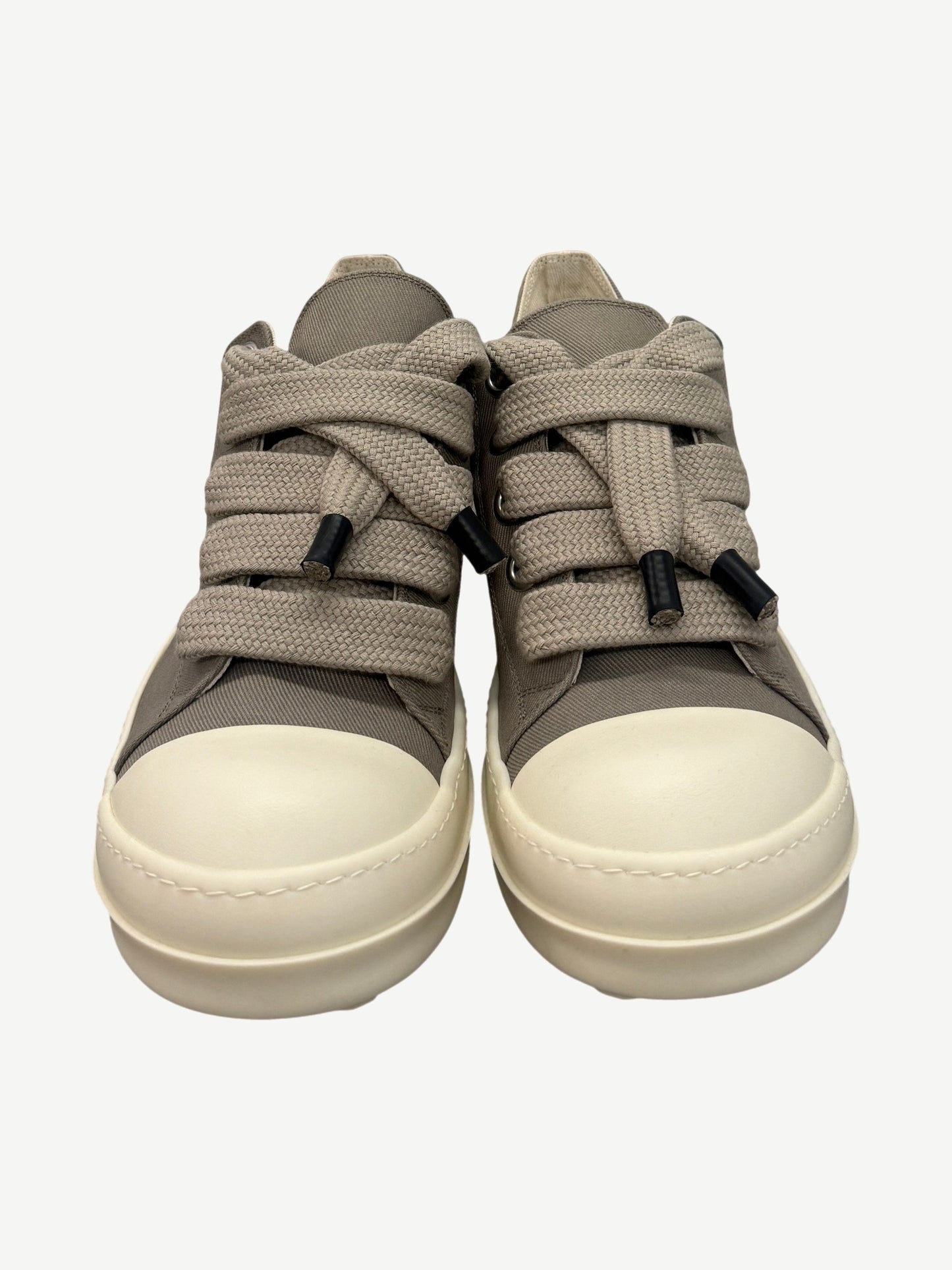 Rick Owens DRKSHDW Dirty Pearl sneaker top view, jumbo braided laces with black aglets