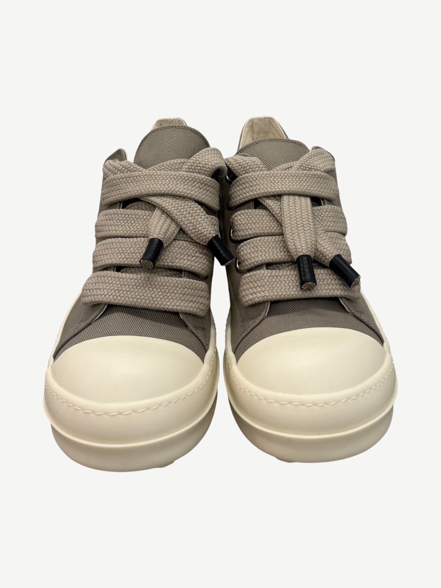 Rick Owens DRKSHDW Dirty Pearl sneaker top view, jumbo braided laces with black aglets