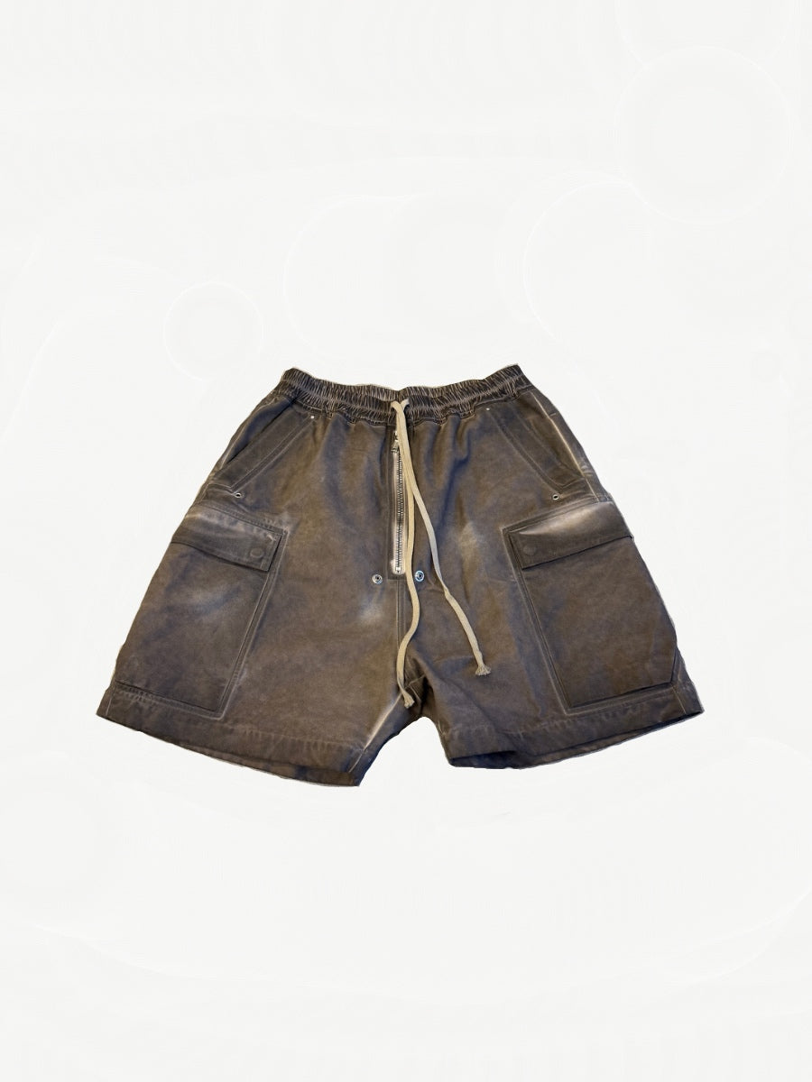 Rick Owens DRKSHDW Bela cargo shorts in faded dust brown waxed cotton with front zip, drawstring
