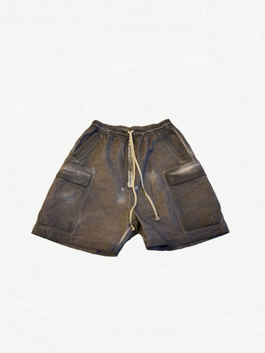 Rick Owens DRKSHDW Bela cargo shorts in faded dust brown waxed cotton with front zip, drawstring