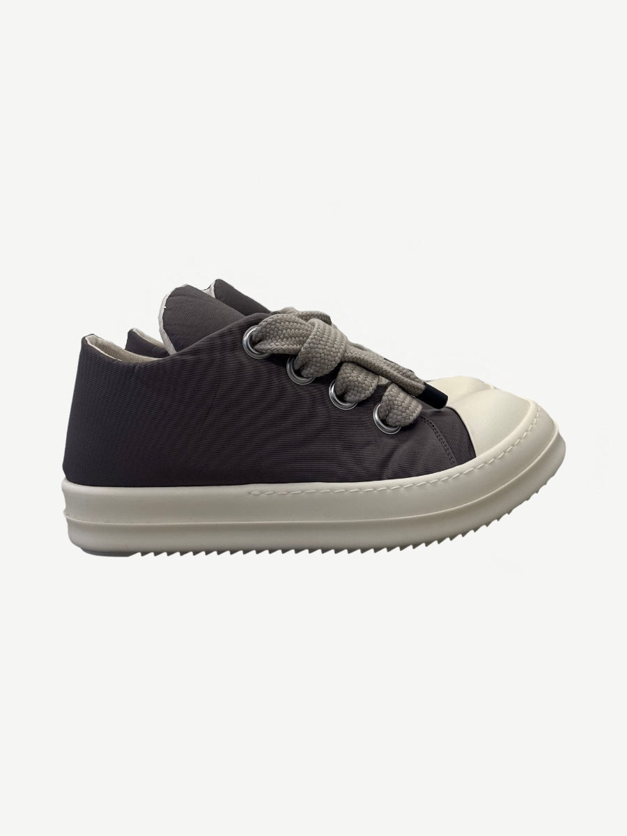 Rick Owens DRKSHDW Dust puffer low sneakers pair view with quilted nylon uppers and oversized jumbo laces