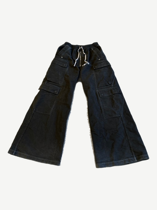 Rick Owens DRKSHDW Jumbo Bela cargo pants in forest black with wide leg, drawstring waist and side cargo pockets