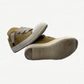 Rick Owens DRKSHDW mustard puffer sneakers top view with oversized woven jumbo laces through silver eyelets