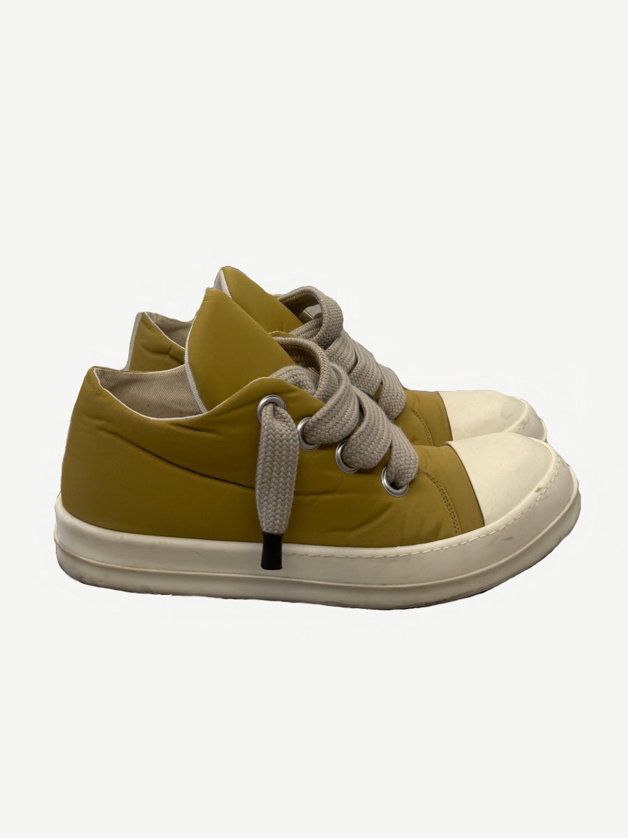 Rick Owens DRKSHDW puffer low sneakers in mustard yellow nylon with jumbo laces and white rubber toe