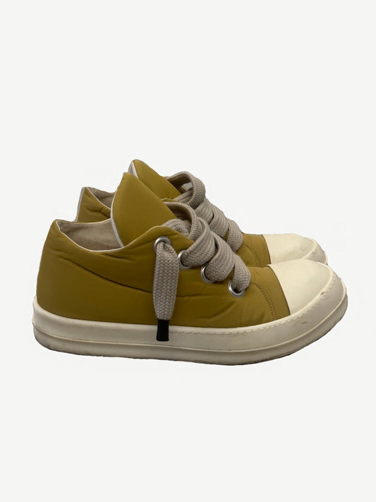 Rick Owens DRKSHDW puffer low sneakers in mustard yellow nylon with jumbo laces and white rubber toe