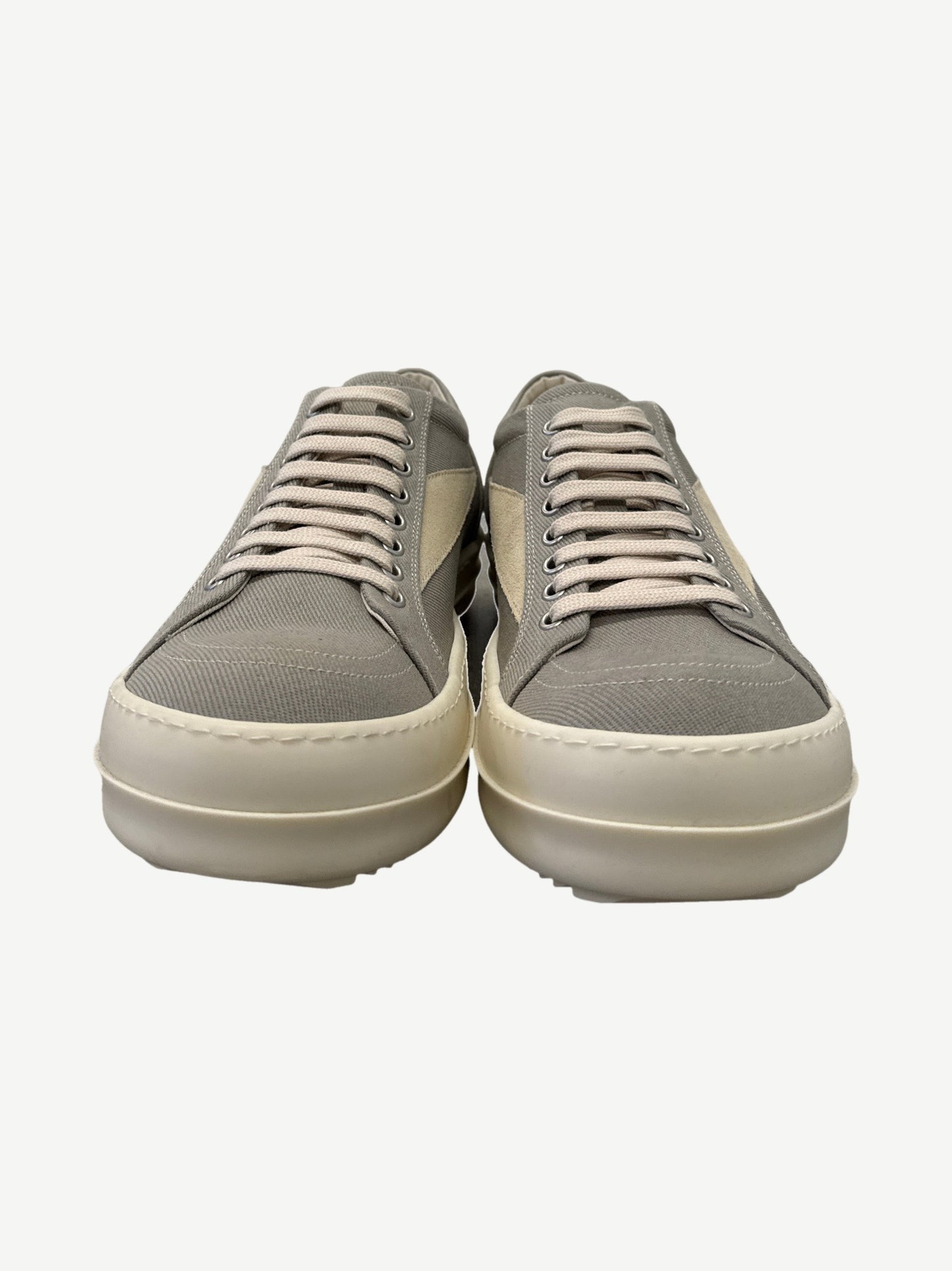 Rick Owens DRKSHDW Pearl Vintage sneakers front view showing grey canvas uppers with cream laces and toe caps
