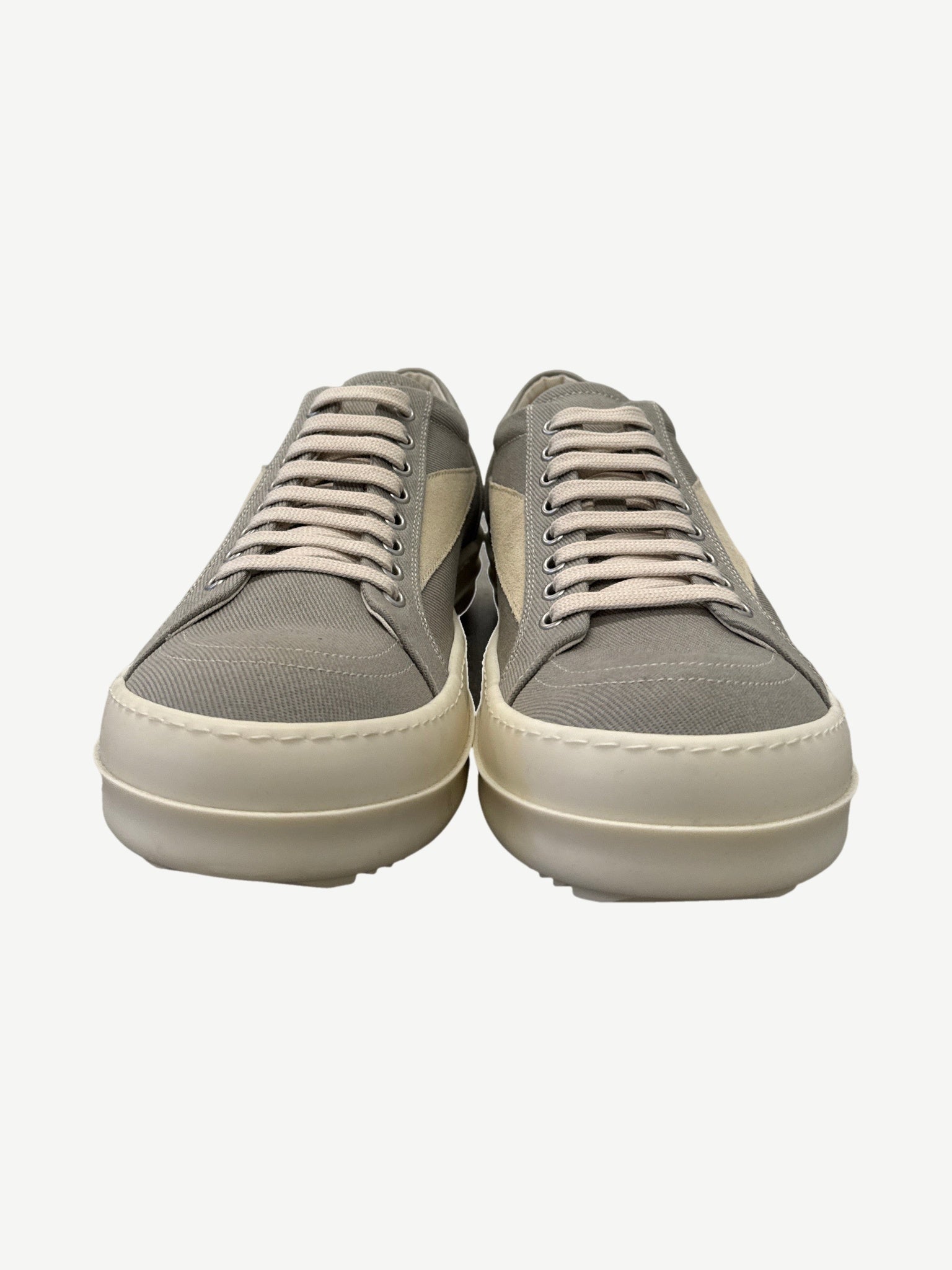 Rick Owens DRKSHDW Pearl Vintage sneakers front view showing grey canvas uppers with cream laces and toe caps