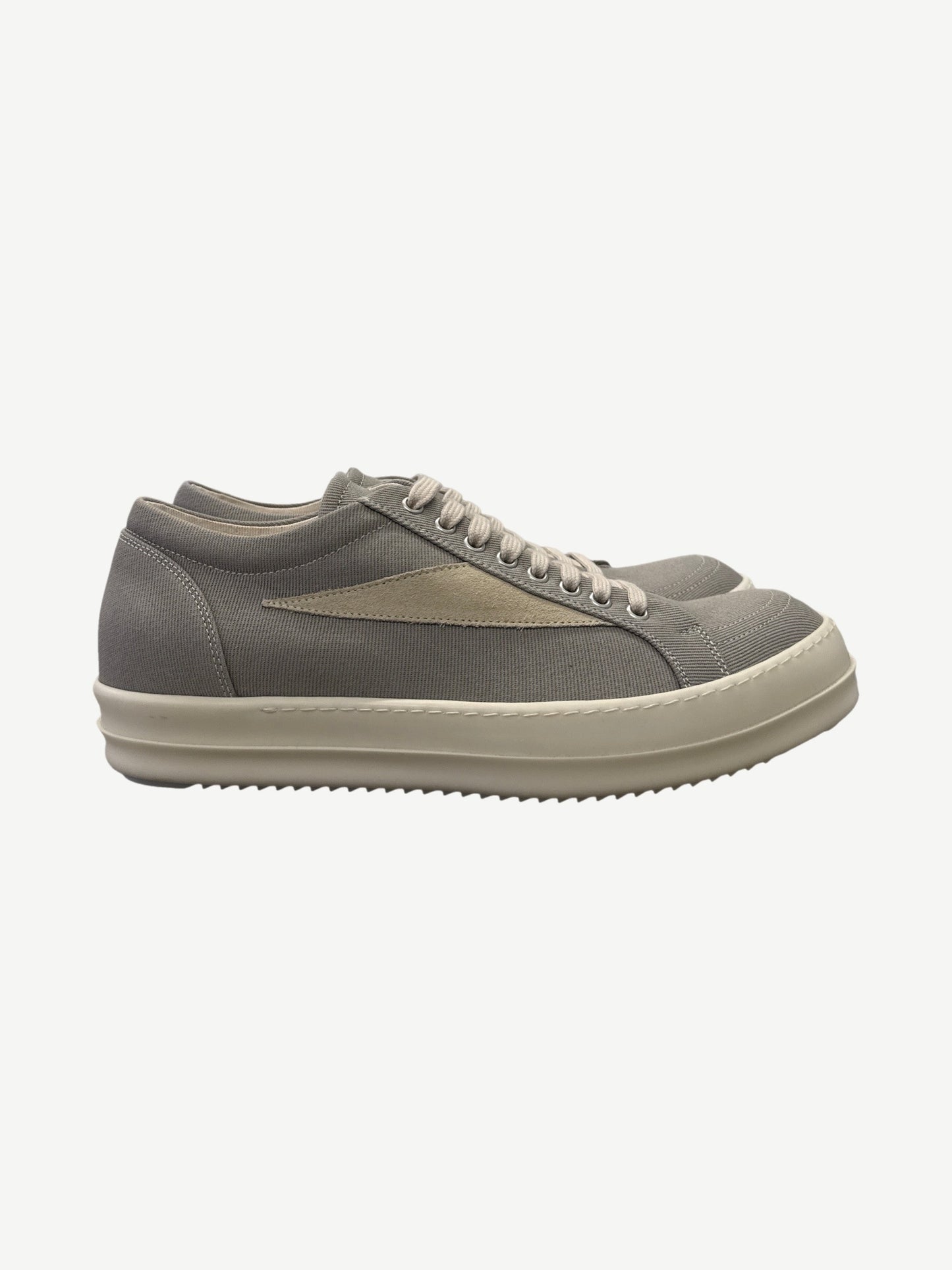 Rick Owens DRKSHDW Pearl Vintage low-top sneakers side profile in grey canvas with cream rubber sole