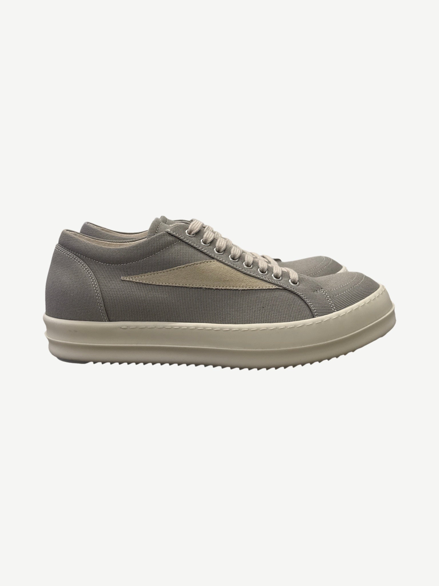 Rick Owens DRKSHDW Pearl Vintage low-top sneakers side profile in grey canvas with cream rubber sole