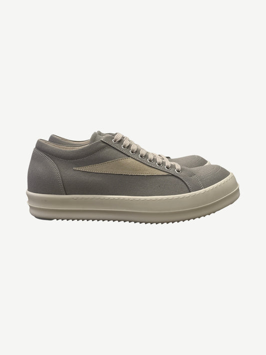 Rick Owens DRKSHDW Pearl Vintage low-top sneakers side profile in grey canvas with cream rubber sole