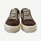 Rick Owens DRKSHDW brown suede low-top sneakers front view with cream flat laces and tonal stitching