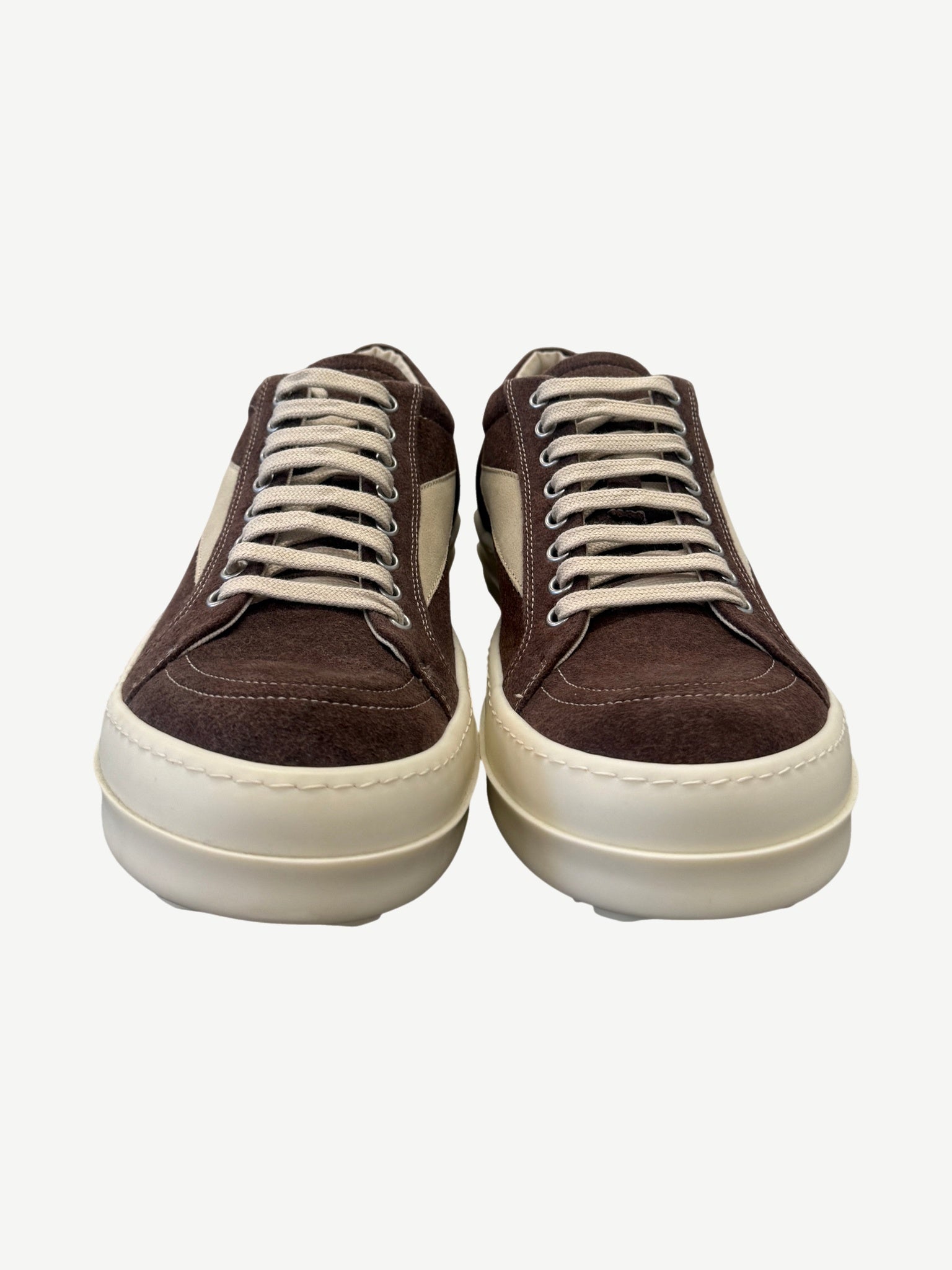 Rick Owens DRKSHDW brown suede low-top sneakers front view with cream flat laces and tonal stitching