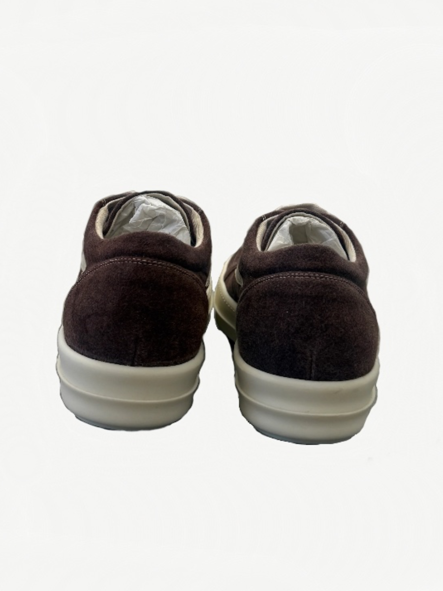 Rick Owens DRKSHDW Vintage sneakers heel view in dark brown suede with cream rubber midsole and heel detail