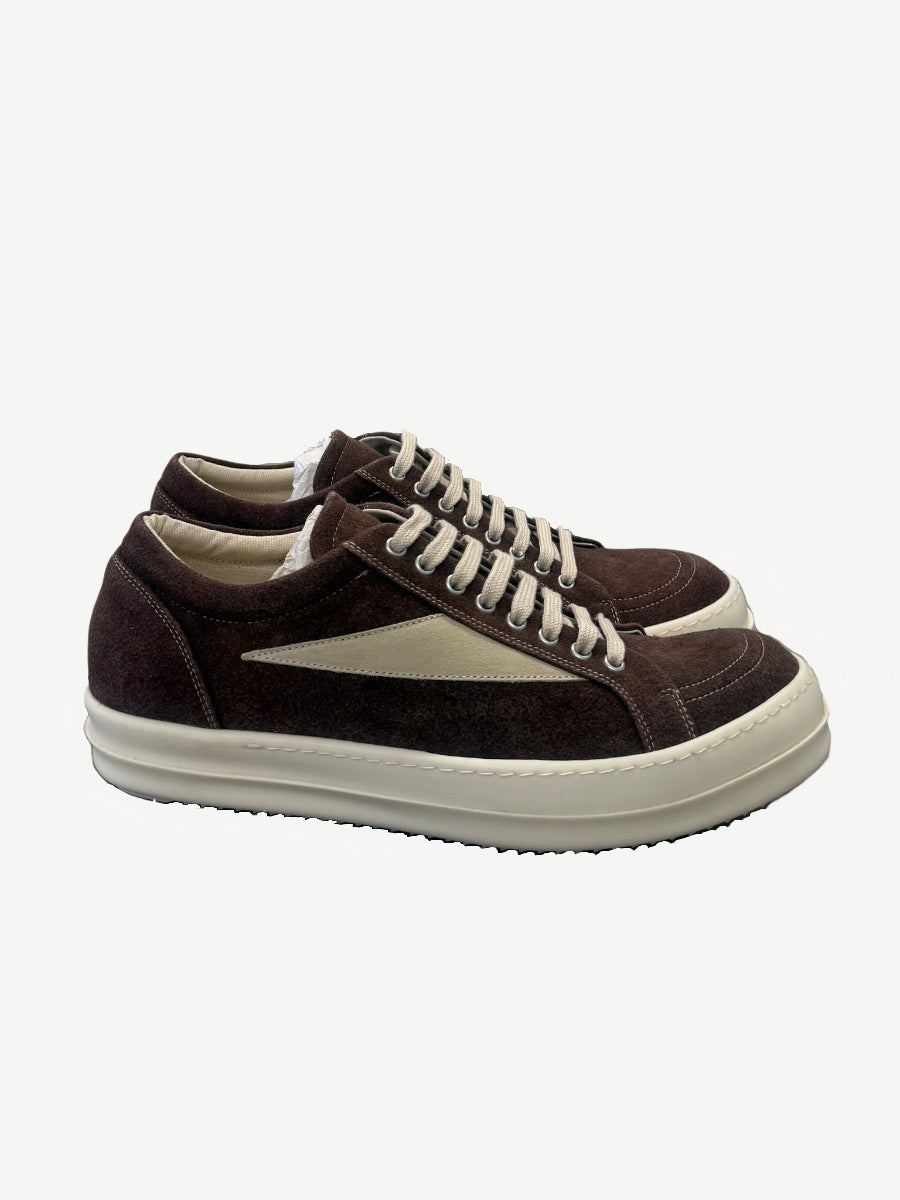 Rick Owens DRKSHDW Vintage sneakers in dark brown suede with milk leather side stripe and chunky cream rubber sole