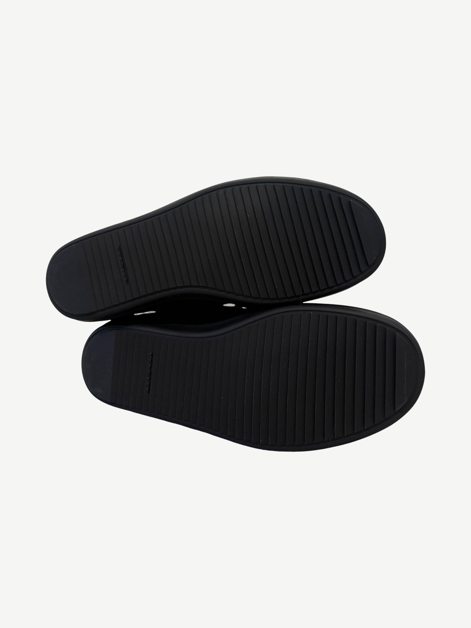 Rick Owens DRKSHDW triple black sneakers sole view with ribbed black rubber tread pattern