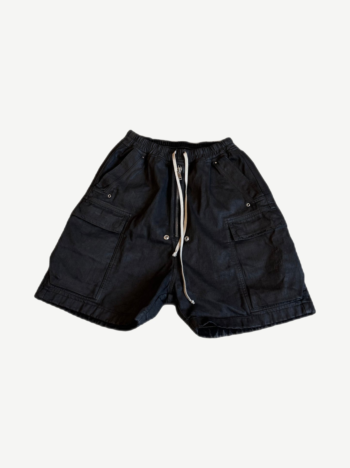 Rick Owens Bela waxed black denim cargo shorts with drawstring waist and angled side cargo pockets