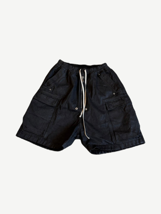 Rick Owens Bela waxed black denim cargo shorts with drawstring waist and angled side cargo pockets