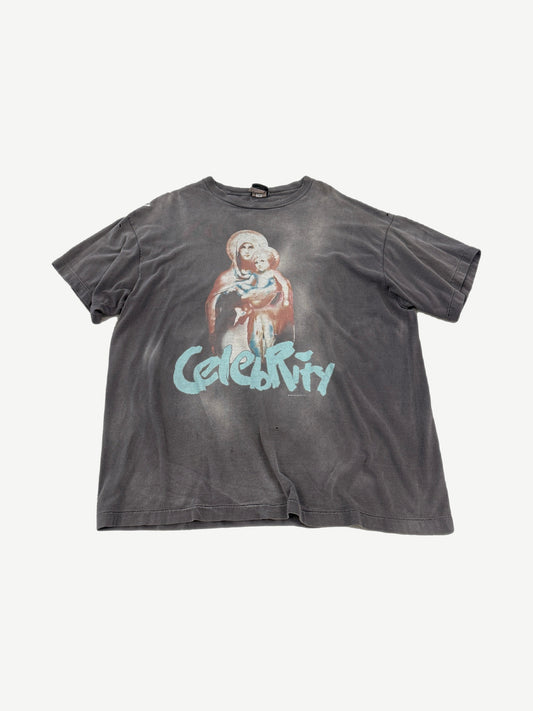 Saint Michael Celebrity tee back view, faded black short sleeve with tonal stitching