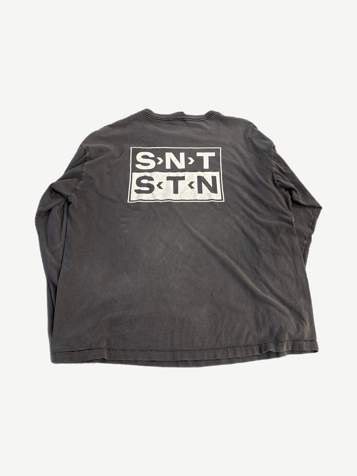 Saint Michael gray long sleeve tee back view, plain heather grey body with relaxed boxy fit and ribbed hem.