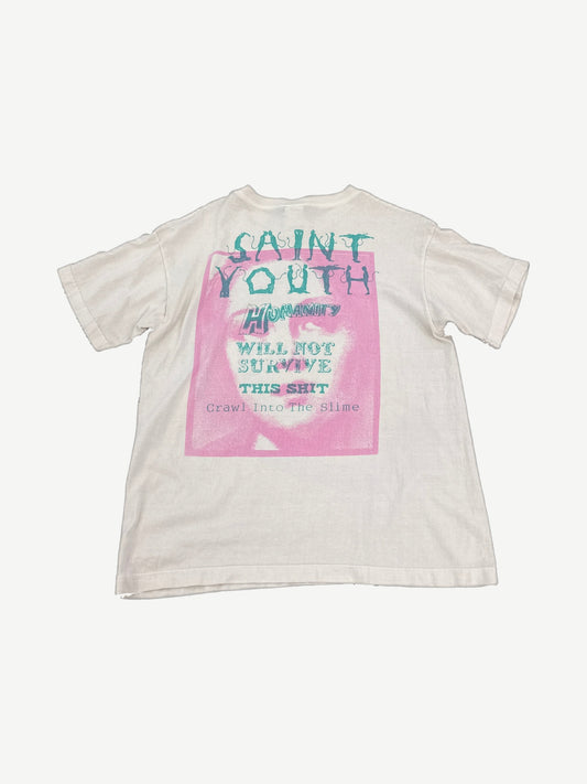 Saint Michael Humanity tee back with pink portrait box and teal Saint Youth slogan print