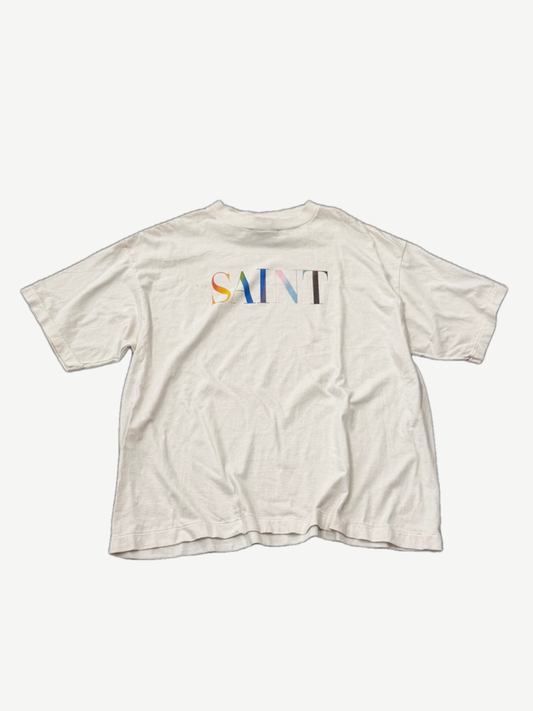 Saint Michael white tee front with multicolor rainbow SAINT logo text print across chest