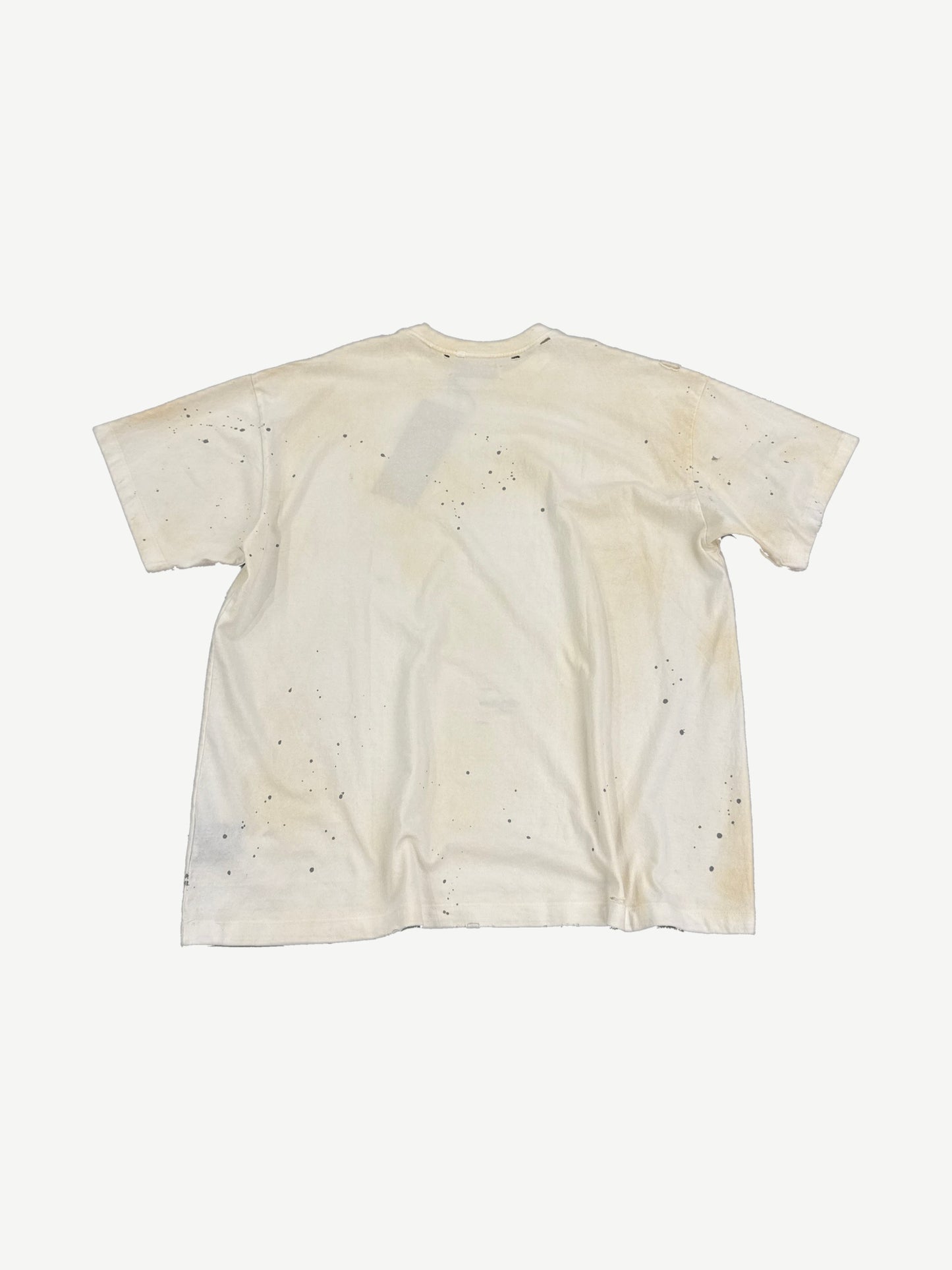 Satoshi Nakamoto Don't Forget To Smile tee back, cream cotton with multicolor paint splatter