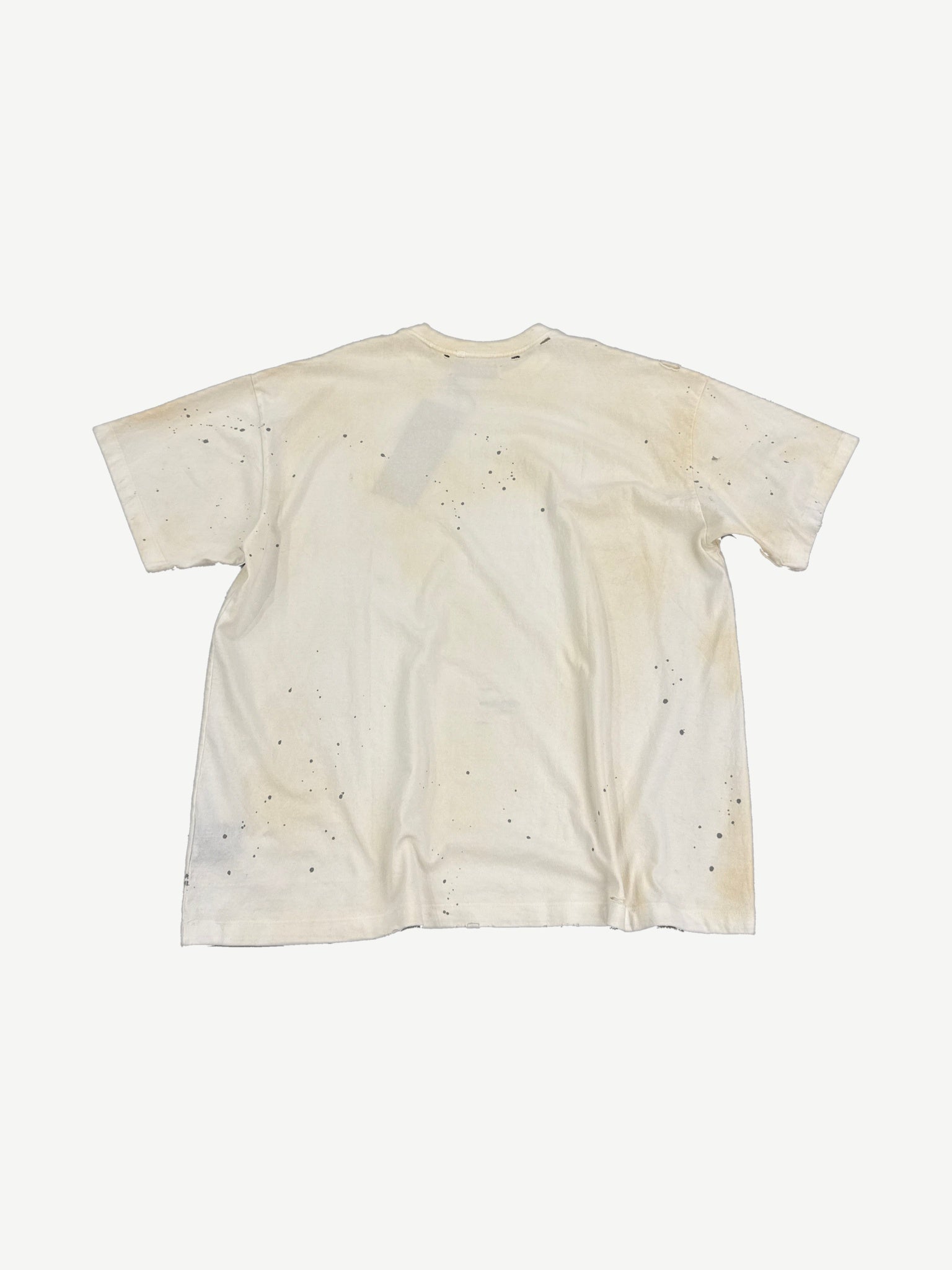 Satoshi Nakamoto Don't Forget To Smile tee back, cream cotton with multicolor paint splatter