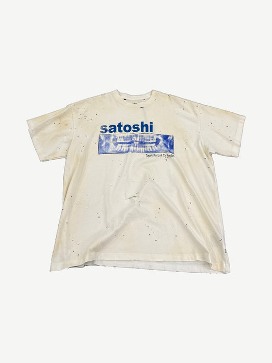 Satoshi Nakamoto cream Don't Forget To Smile tee with paint splatter and blue dental x-ray print