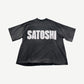 Satoshi Nakamoto faded black tee with oversized white SATOSHI Impact font chest print and boxy heavyweight fit.