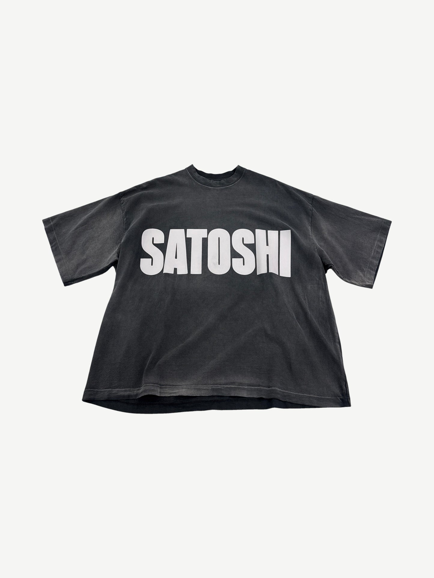 Satoshi Nakamoto faded black tee with oversized white SATOSHI Impact font chest print and boxy heavyweight fit.