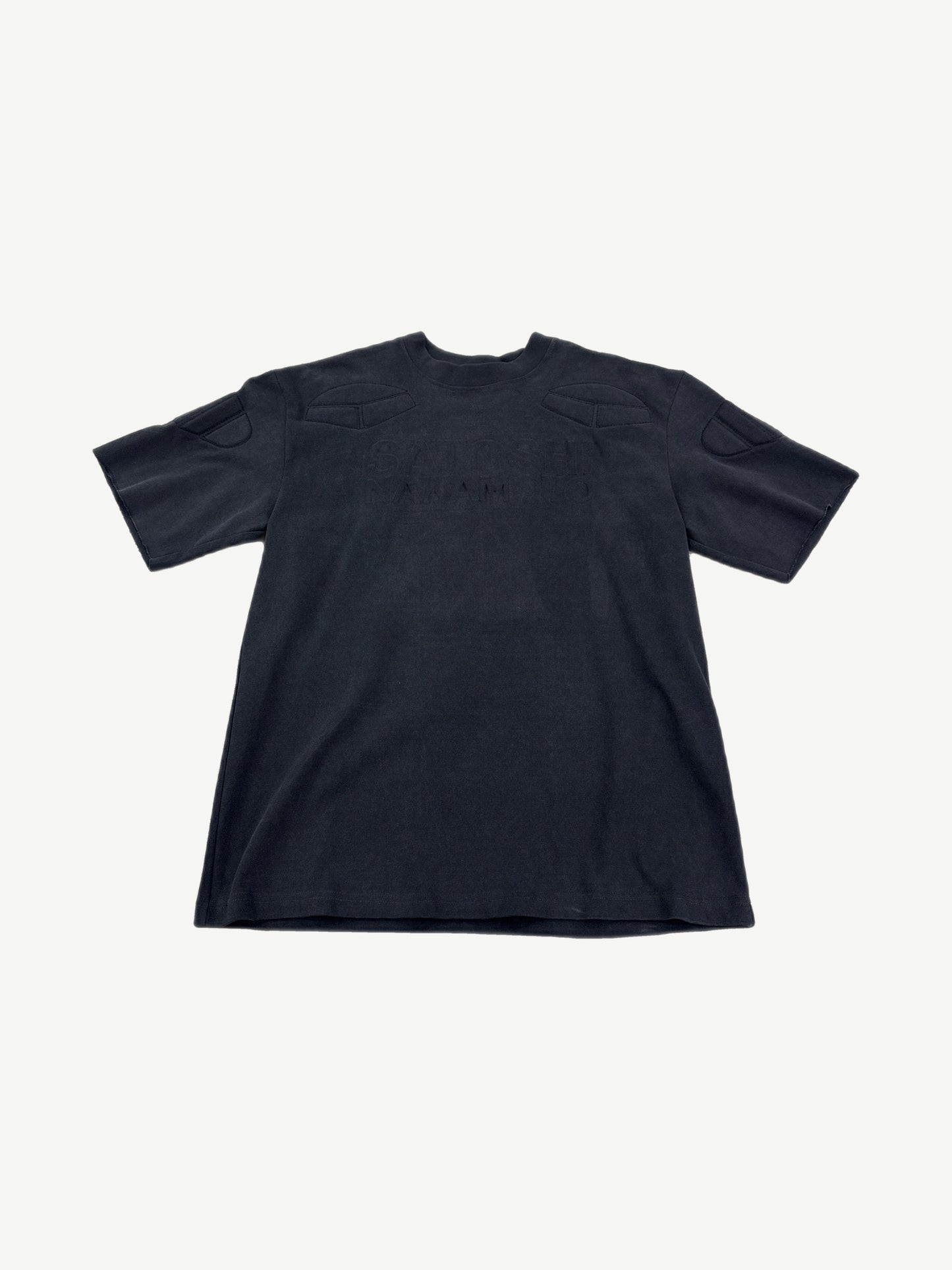 Satoshi Nakamoto black moto tee front with tonal embossed padded shoulder and chest panels.