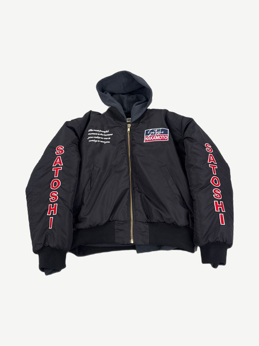 Satoshi Nakamoto Off Road black hooded bomber jacket with red SATOSHI sleeve text and chest box logo patch.