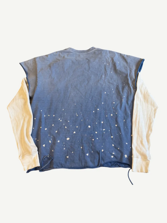 Satoshi Nakamoto blue Luke thermal longsleeve back with allover paint splatter on blue cotton thermal
