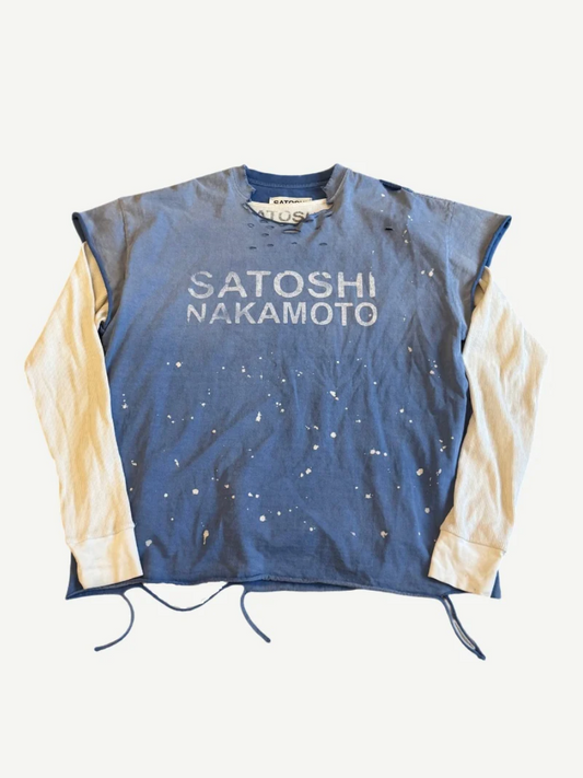 Satoshi Nakamoto blue Luke thermal longsleeve front with paint splatter wash and contrast cream sleeves