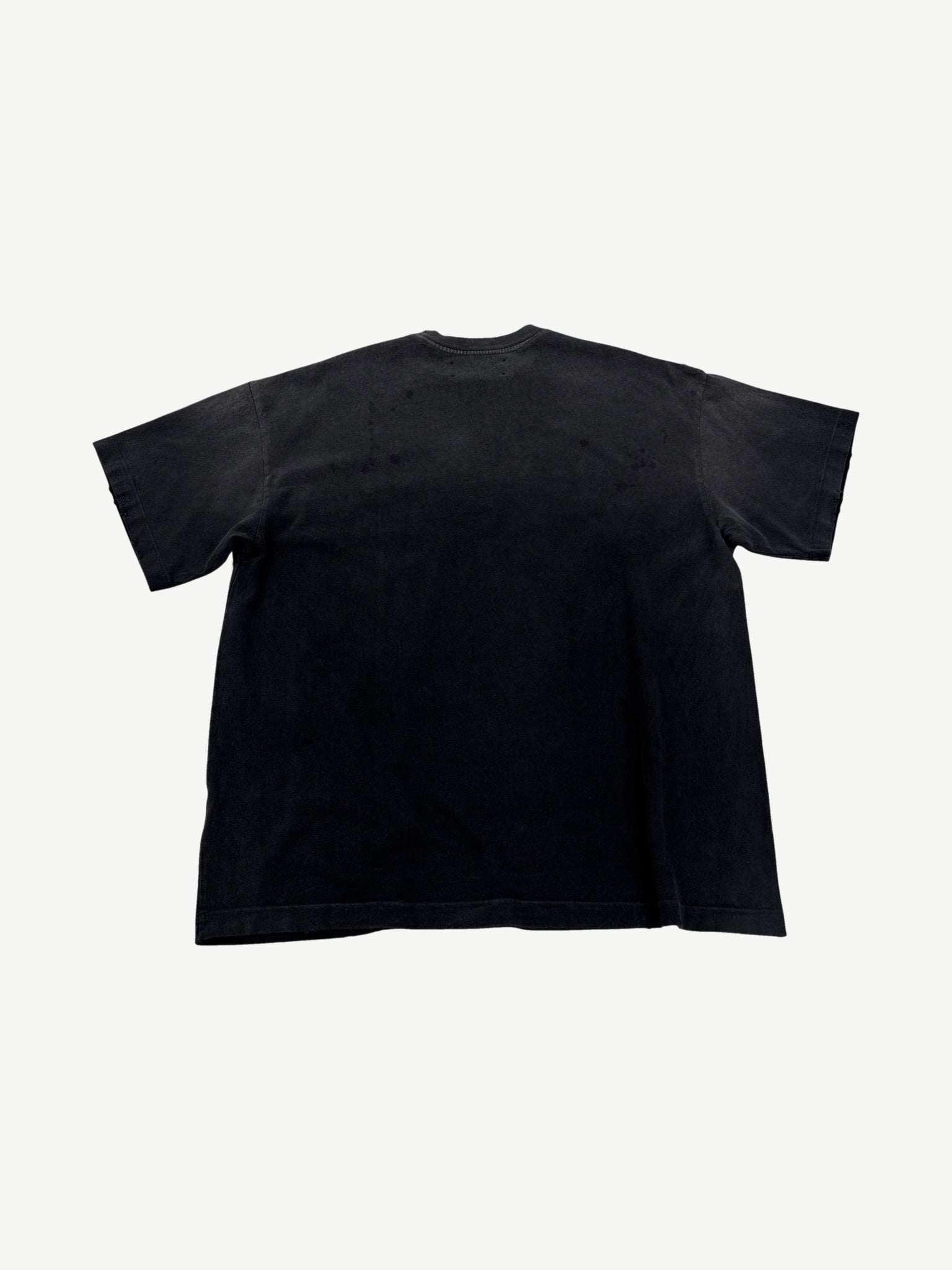 Satoshi Nakamoto chain stitch tee back, faded black cotton with broken-in vintage finish