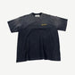 Satoshi Nakamoto faded black tee with yellow handwritten satoshi chain stitch embroidery