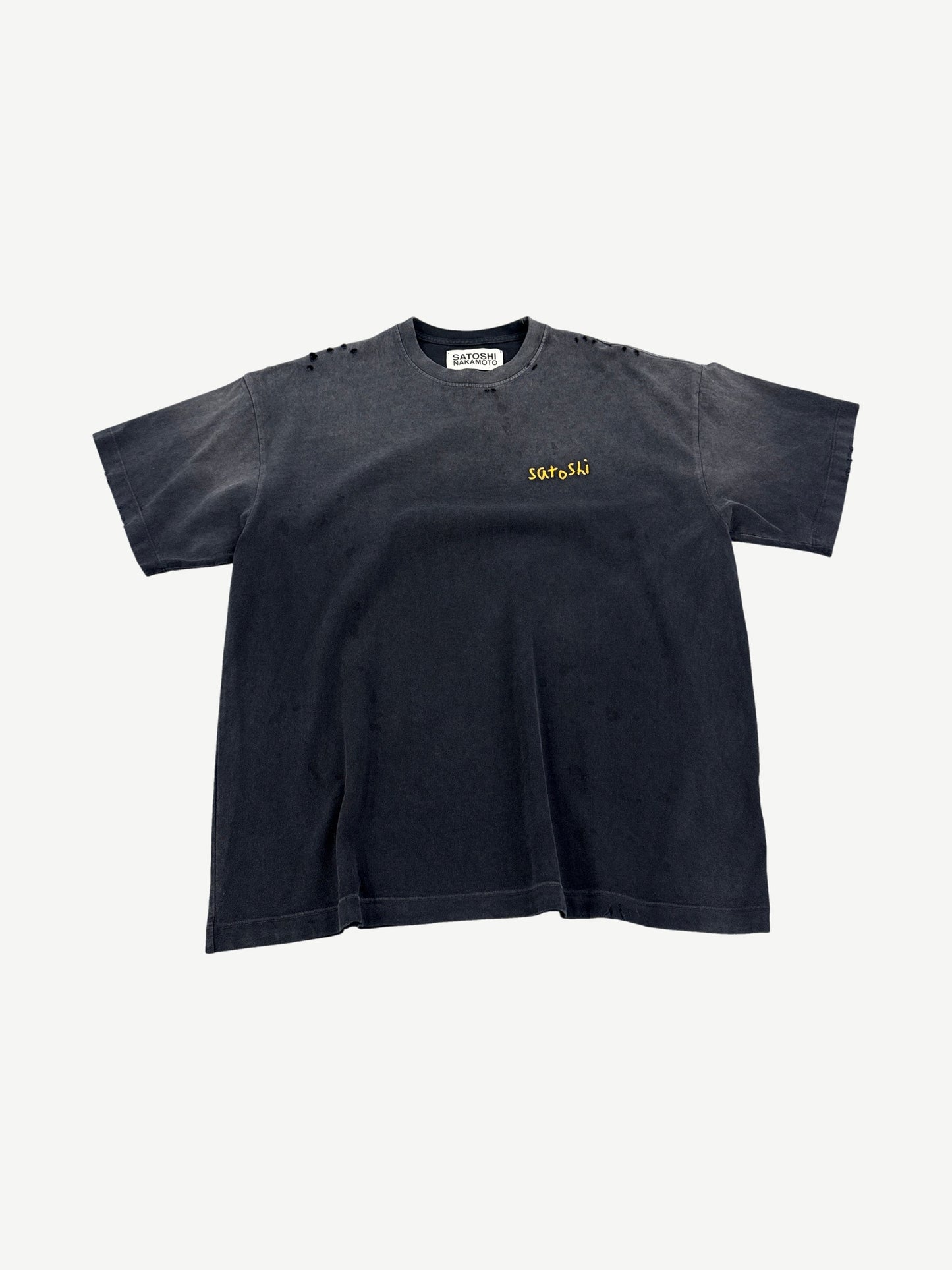 Satoshi Nakamoto faded black tee with yellow handwritten satoshi chain stitch embroidery