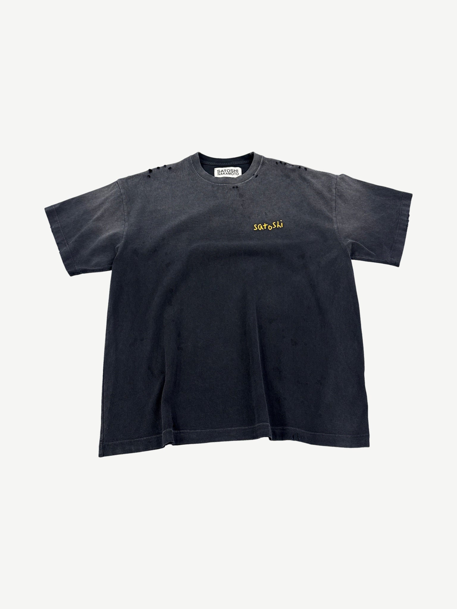 Satoshi Nakamoto faded black tee with yellow handwritten satoshi chain stitch embroidery