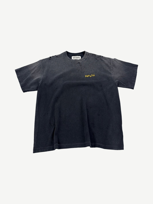 Satoshi Nakamoto faded black tee with yellow handwritten satoshi chain stitch embroidery
