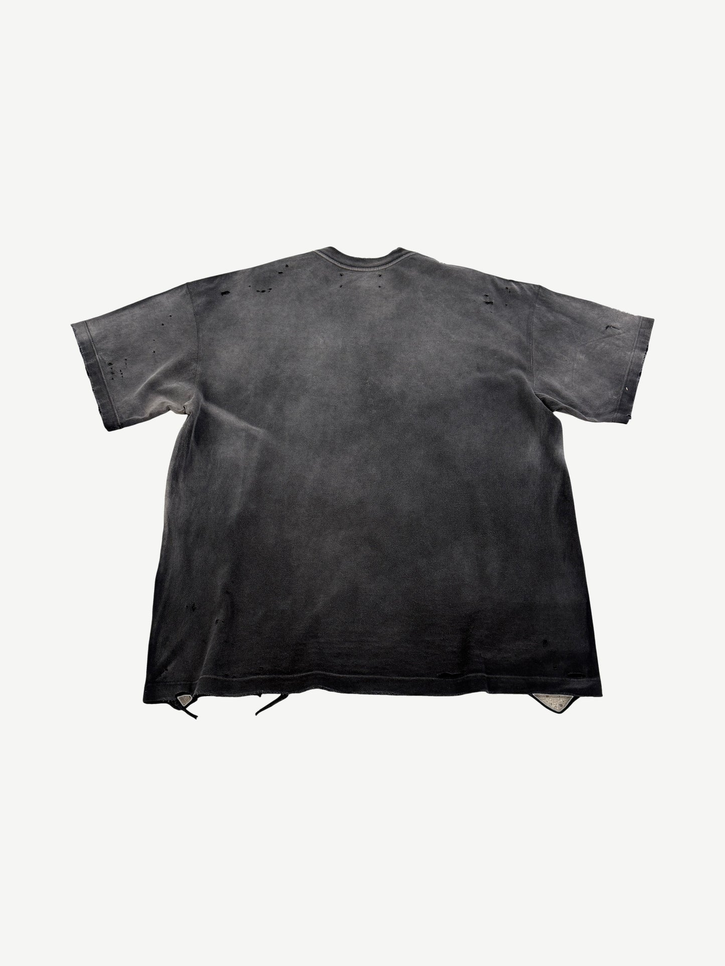 Satoshi Nakamoto eye tee back view in washed black with smaller upper-back Satoshi Nakamoto logo print